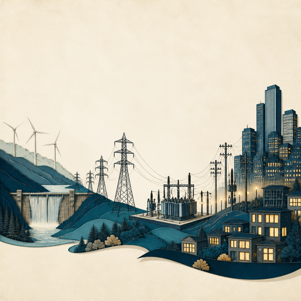 Ilustración editorial del recorrido de la electricidad desde fuentes renovables por torres y subestación hasta casas